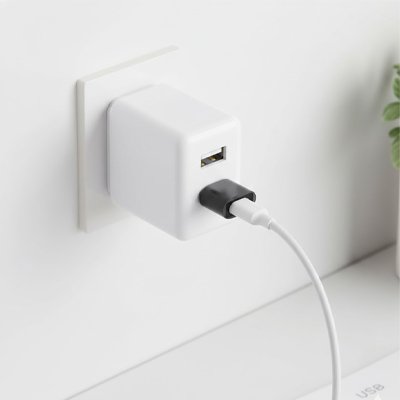 adaptateur usb c CompactPro Type C femelle vers USB mâle modèle branché sur un chargeur à prise mural