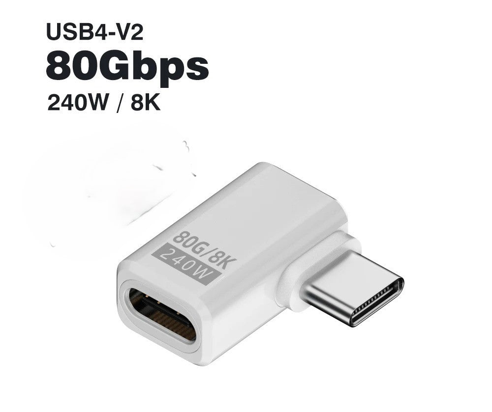 Adaptateur USB-C UltraConnect coudé Type C mâle vers Type C femelle sur côté blanc