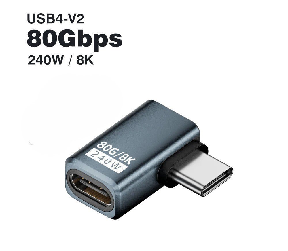 Adaptateur USB-C UltraConnect coudé Type C mâle vers Type C femelle sur côté gris