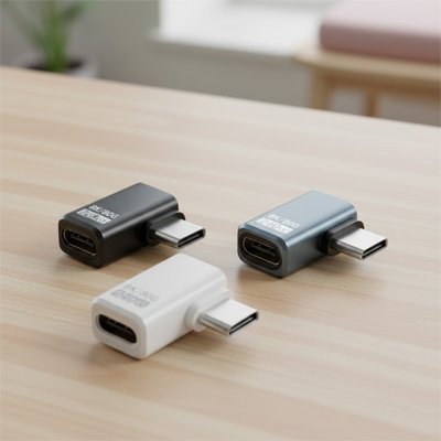 Adaptateur USB-C UltraConnect coudé Type C mâle vers Type C femelle modèle sur côté trois couleurs