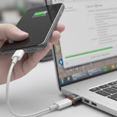 adaptateur usb c UltraConnect TypeC femelle vers USB2.0 mâle modèle gris 6A branché sur ordinateur