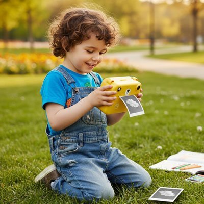 appareil photo enfant Kidvision avec petit garçon à salopette jean