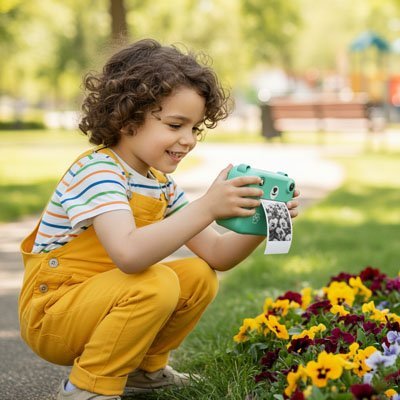 appareil photo enfant Kidvision avec petit garçon à salopette jaune