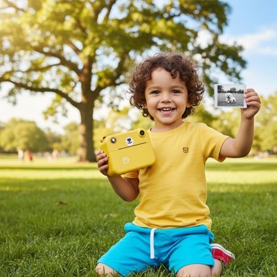 appareil photo enfant Kidvision avec petit garçon à chandail jaune