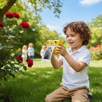 appareil photo enfant Kidvision avec petit garçon à polo blanc