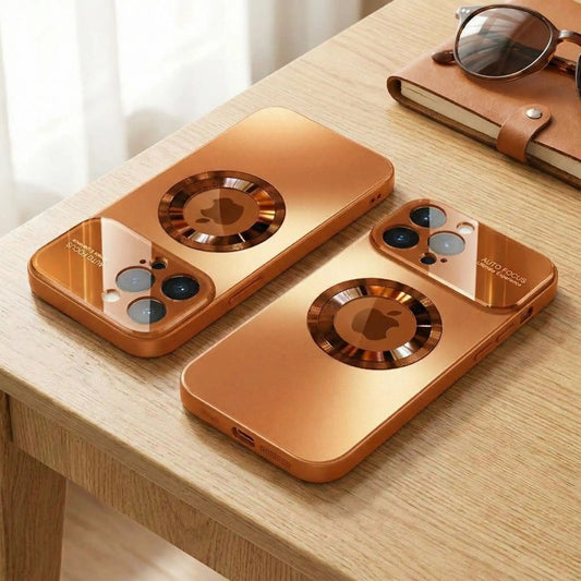 coque NobleGlass Magnétique en verre trempé compatible iPhone 16 pro max - 11 à 17 modèle camel sur une table