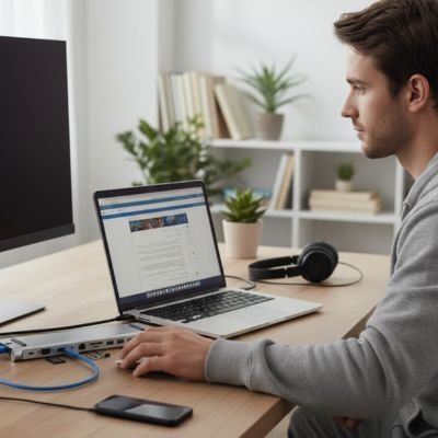Hub USB MultiConnect 11-12 ports avec un homme sur son bureau