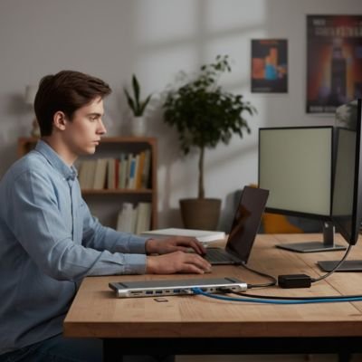 Hub USB MultiConnect 11-12 ports avec un homme à chemise bleu ciel