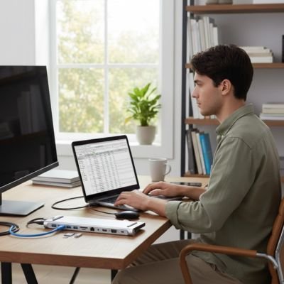 Hub USB MultiConnect 11-12 ports avec un jeune travaillant à la maison