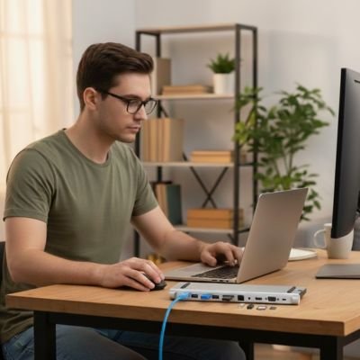 Hub USB MultiConnect 11-12 ports avec un homme à lunettes qui travaille